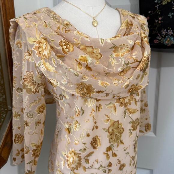 Vintage Y2K MSK Golden Yellow Metallic Floral Draped 3/4 Sleeve Fairycore Top - Picture 2 of 8